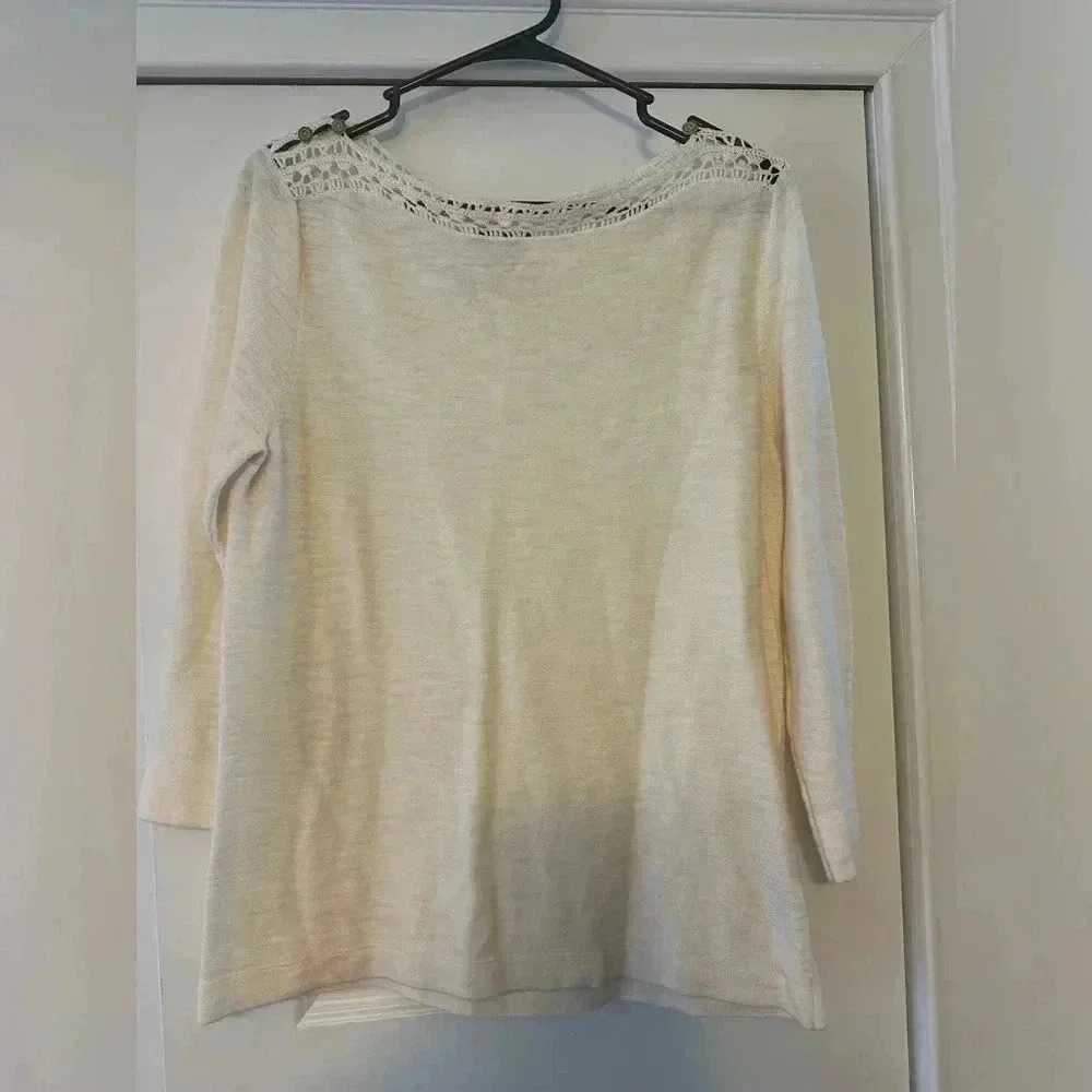 Ralph Lauren Women’s Ivory Cream Knit Crochet Neck Sweater Large Cotton Buttons